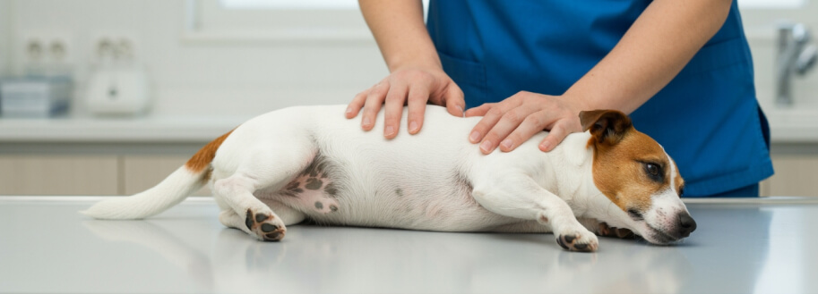 девочка джек рассел лежит на животе, ветеринар щупает живот